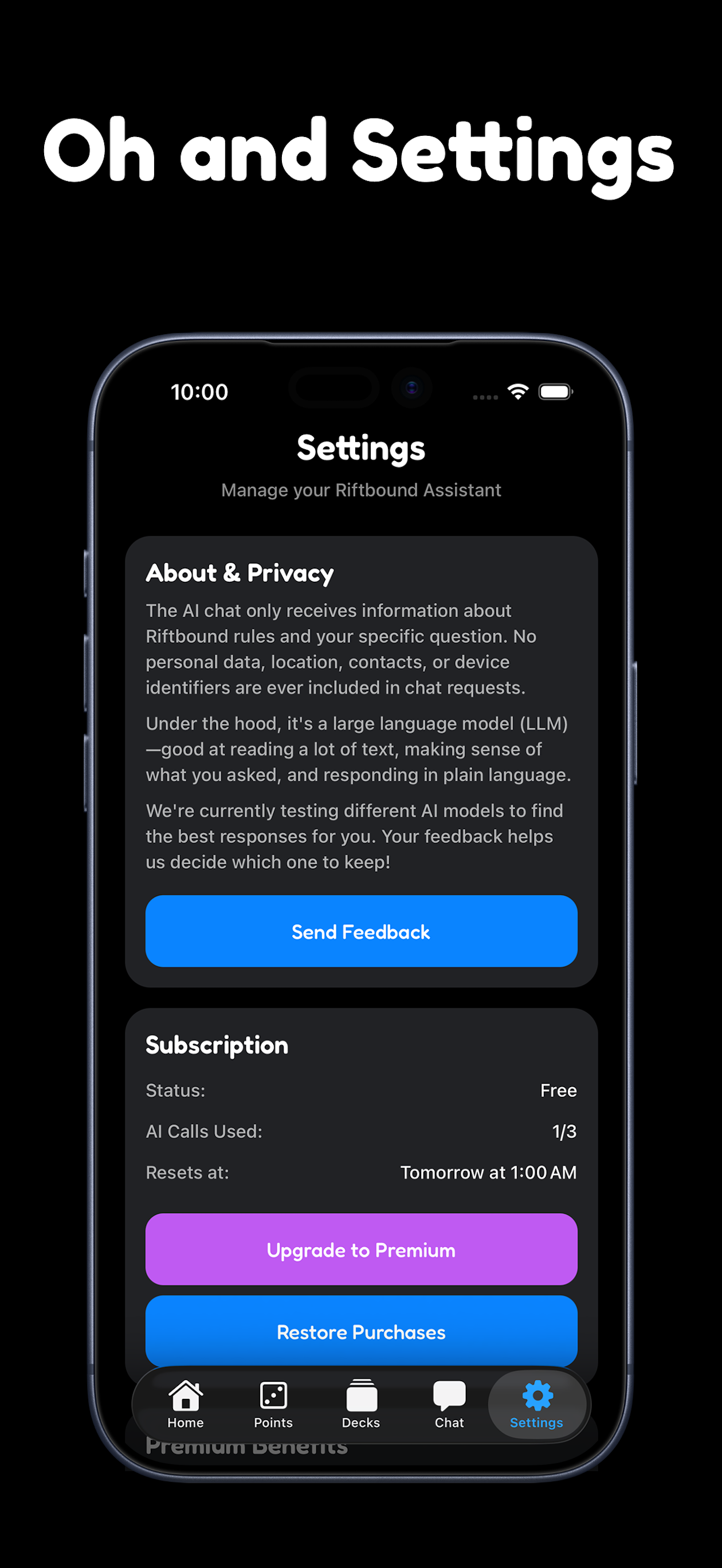 Settings and Premium subscription